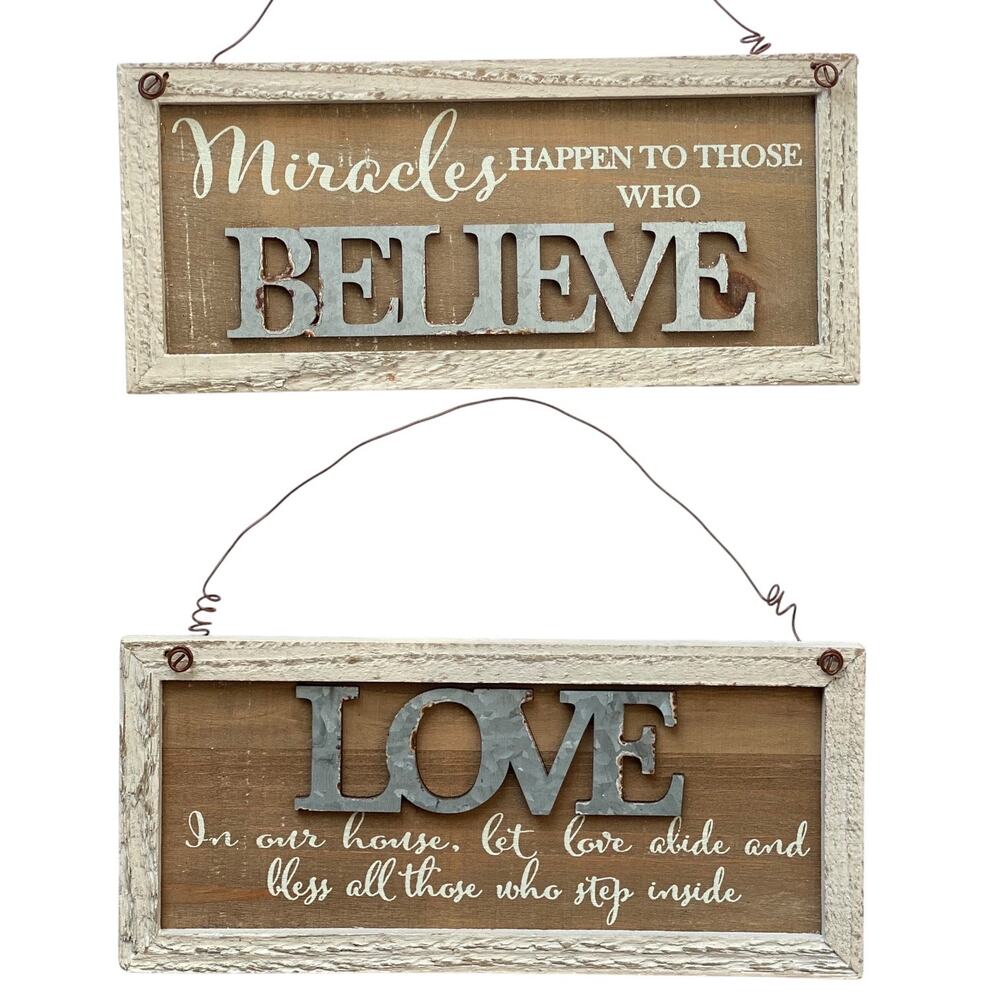 Wood Believe & Love Ornament with Galvanized Metal
Set of 2 (8”x3.5”)